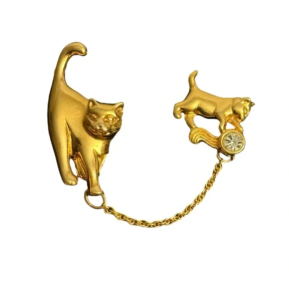Avon Mama Cat & Kitten Chatelaine Brooch Signed Vintage - Picture 3 of 5
